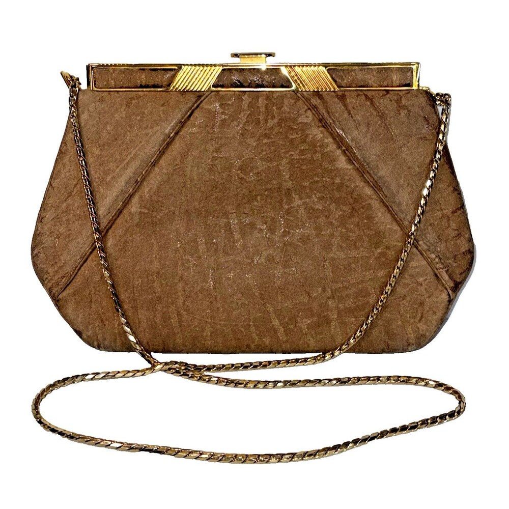 VTG 1980s Judith Leiber Brown Embossed Alligator Clutch Gold Chain Shoulder RARE